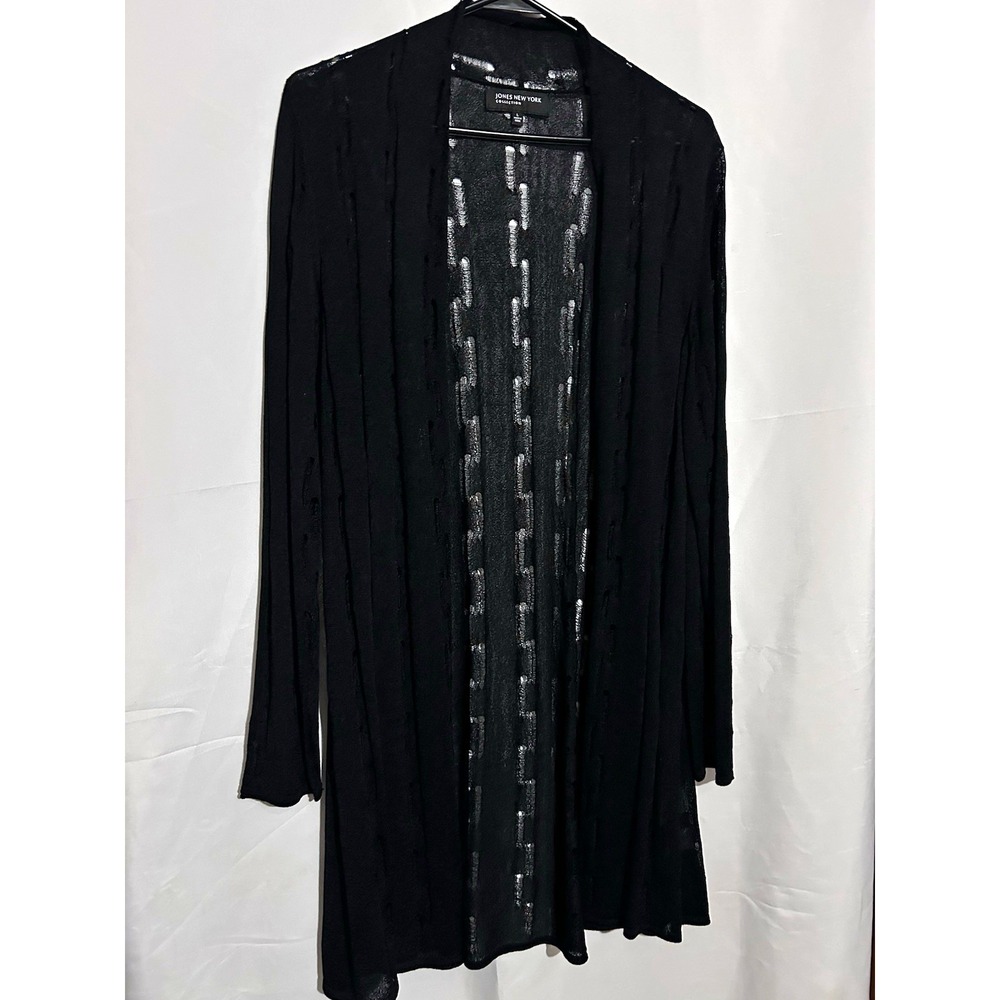 Jones New York Women's Black Open-Knit Open Front Cardigan Sweater L